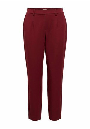 Bordās krāsas bikses no gludas auduma, ar pieguļošu piegriezumu, priekšējām krokām un jostasvietu ar jostu cilpām. Plakans priekšpuse dizains.