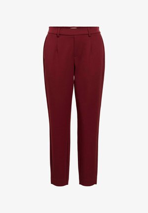 Bordeauxrote Hose aus glattem Stoff, mit schmaler Passform, Vorderfalten und einem Bund mit Gürtelschlaufen. Flache Vorderseite.