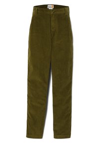 Pantaloni in corduroy di colore verde oliva con texture a righe verticali, vestibilità standard, dotati di chiusura con bottone e tasche tradizionali.