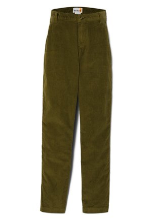 Olivgrüne Cordhosen mit vertikal gerippter Textur, Standardfit, mit Knopfverschluss und klassischen Taschen.