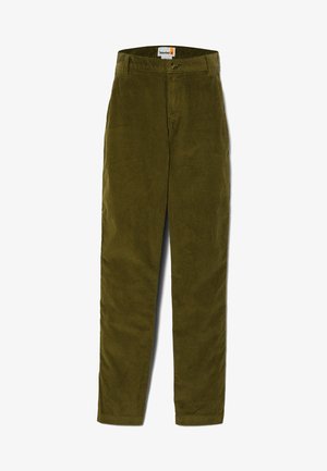 Pantalon en velours côtelé vert olive avec texture côtelée verticale, coupe standard, doté d'une fermeture à bouton et de poches traditionnelles.