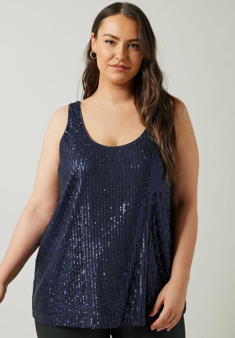 Marineblauw mouwloos shirt bedekt met pailletten, met een ronde hals en rechte snit, wat zorgt voor een glanzende, gestructureerde uitstraling.