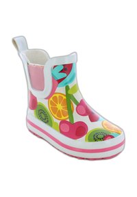 Rubberen regenlaarzen voor kinderen, wit met kleurrijke fruitpatronen, roze accenten, elastische zijkant, gestructureerde zool, ronde neus en stevigeconstructie.