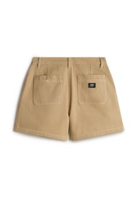 Pantalones cortos caqui con un frente plano, dos bolsillos traseros con cierres de botón y una pequeña etiqueta de la marca en el bolsillo derecho. Tejido de algodón.