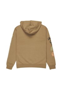 Brown hoodie with a drawstring hood, featuring graphics on the right sleeve and back. Made from soft fabric, it has ribbed cuffs and hem.
