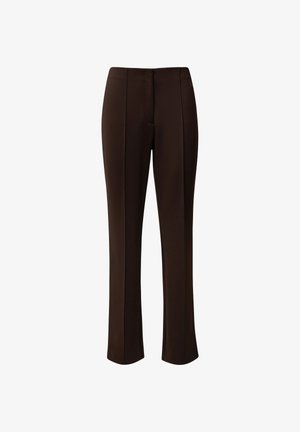 Braune, maßgeschneiderte Hose mit gerader Schnittführung, aus glattem Stoff und Nahtdetails an der Vorderseite. Keine sichtbaren Taschen.