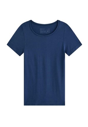 Prosty granatowy t-shirt z krótkim rękawem i okrągłym dekoltem, przedstawiony jako rozłożony na białym tle.