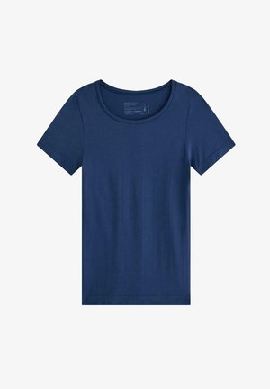 Enkelt marineblåt t-shirt med korte ærmer og rund halsudskæring, vist fladt på en hvid baggrund.