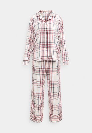 Ensemble pyjama à carreaux composé d'un haut à manches longues boutonné et d'un pantalon assorti. Fabriqué en tissu doux aux couleurs blanche, rouge et bleue avec un motif décoratif.