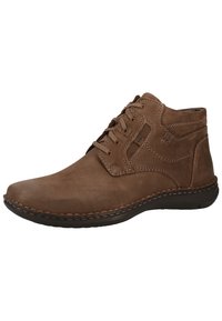 Brown leather ankle boots with lacing, round toe, tan stitching, and a textured rubber sole. Features a side panel for design detail.