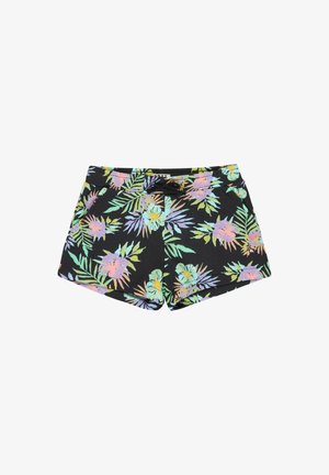 Shorts noirs avec motif floral tropical aux couleurs pastel et taille à cordon, conçus pour un usage décontracté ou comme maillot de bain.