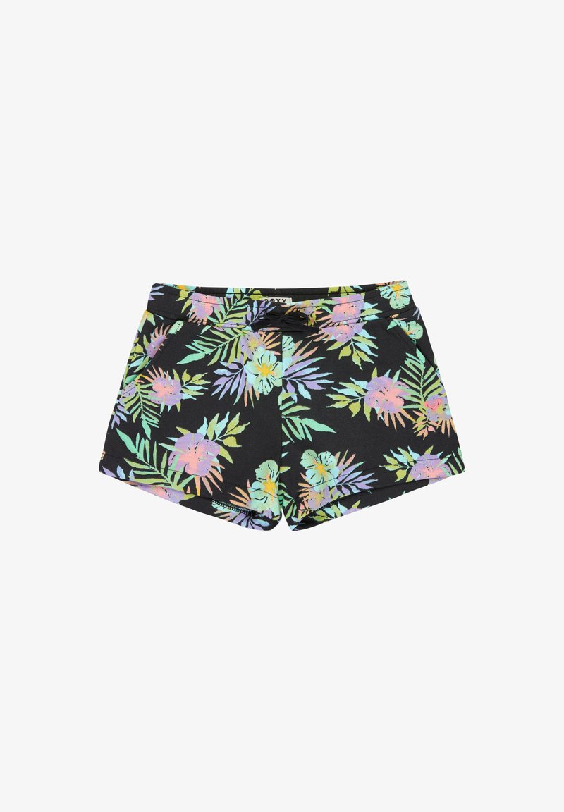 Shorts noirs avec motif floral tropical aux couleurs pastel et taille à cordon, conçus pour un usage décontracté ou comme maillot de bain.