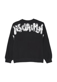 Felpa nera con scritta in stile graffiti bianco "disclaim" sulla schiena, con maniche lunghe e orlo a costine.