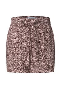 Short taille haute avec motif abstrait bordeaux et blanc et ceinture en tissu assortie nouée à l'avant.
