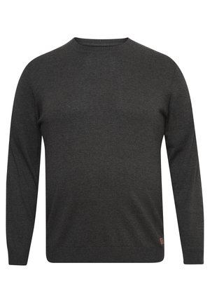 Dark gray sweater made of soft knit material, featuring a round neckline and long sleeves. Small brand logo tag on the lower left side.
