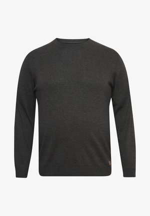 Dunkelgrauer Pullover aus weichem Strickmaterial, mit Rundhalsausschnitt und langen Ärmeln. Kleines Markenlogo-Tag auf der unteren linken Seite.