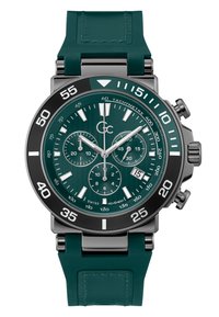 Reloj cronógrafo verde con esfera texturizada, caja de acero inoxidable y bisel negro. La correa de goma y los acentos plateados realzan el diseño moderno.
