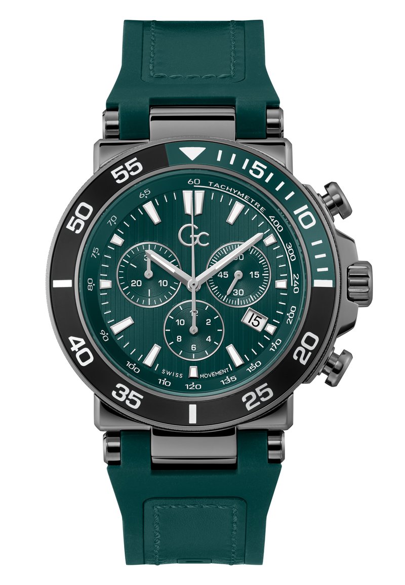 Reloj cronógrafo verde con esfera texturizada, caja de acero inoxidable y bisel negro. La correa de goma y los acentos plateados realzan el diseño moderno.