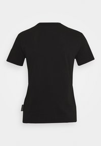Black short-sleeve t-shirt made of cotton. Classic crew neck design with a smooth texture. Features a small brand tag on the side.