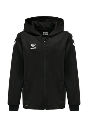 Zwarte zip-up hoodie van zacht materiaal, met een capuchon, twee zijzakken en witte chevronstrepen op de schouders. Hummel-logo aanwezig.