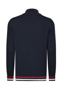 Marineblauer Strickpullover mit strukturiertem Muster, ausgestattet mit einem hohen Kragen und gestreiften Bündchen in Rot, Weiß und Marineblau. Rückansicht dargestellt.