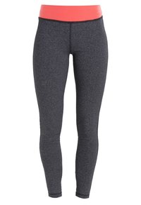 Leggings grigi con una fascia corallo, realizzati in materiale elasticizzato. Presentano un design snello e una forma aderente, adatti per l'abbigliamento sportivo.
