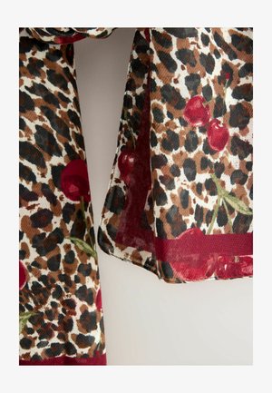 Leopardenmuster-Schal mit roten Kirschen, braunen Tönen und transparenter Textur. Kanten in Burgunderrot gesäumt, was ein markantes Design schafft.