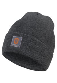 Dark gray knitted beanie hat featuring a folded cuff and a rectangular logo patch with a shield design in orange and gray.