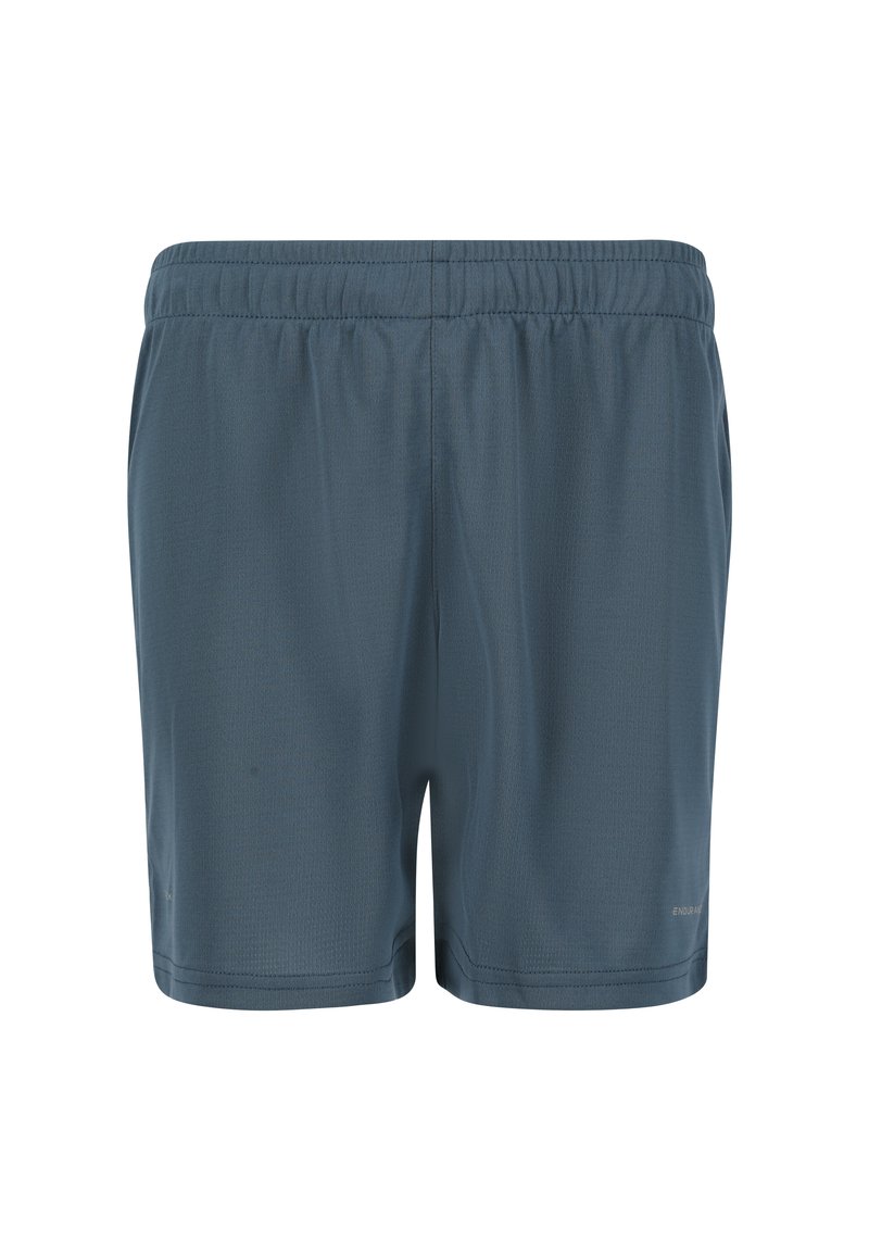 Miestenské športové šortky vyrobené z ľahkej tkaniny v pevnej slate modrej farbe. Majú elastický pás a prešité okraje. Bez vreciek.