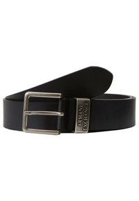Black leather belt with a silver metal buckle. Features a rectangular buckle with engraved brand name. Smooth texture and classic design.