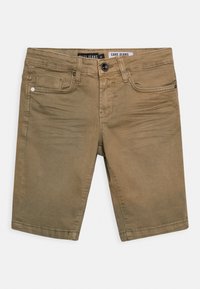 Olijfgroene shorts van katoen, met een ritssluiting, zijzakken en een subtiele vervaging. Casual ontwerp met contrasterende stikdetails.