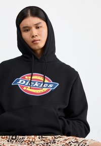 Black hooded sweatshirt with front pocket; features a large multicolored "Dickies" logo in a circular design. Fabric appears soft and textured.