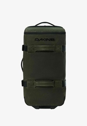 Dunkelgrüne rechteckige Dakine Reisetasche auf Rollen mit mehreren Griffen und schwarzem Reißverschluss oben vor weißem Hintergrund.