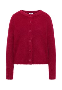 Roter gestrickter Cardigan mit Rundhalsausschnitt, fünf Knöpfen und langen Ärmeln. Der Stoff hat eine weiche, strukturierte Oberfläche. Kurz geschnittenes Design.