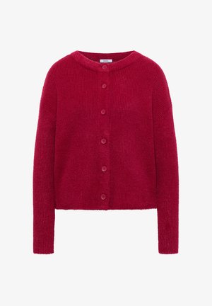 Rode gebreide cardigan met een ronde hals, vijf knopen en lange mouwen. Stof heeft een zachte, textuurachtige afwerking. Verkorte lengte ontwerp.
