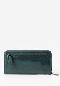 Teal leather wallet with a textured finish, zippered closure, and an external zip pocket featuring stitch detailing and a metal pull.