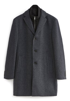 Dunkelgrauer Wollmischungsmantel mit Reverskragen, fünf Knöpfen und zwei Seiten Taschen; enthält einen schwarzen Reißverschluss-Innenfutter für zusätzliche Wärme.