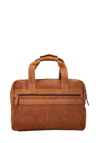 Brun læder aktetasker med to topåbne håndtag, frontlomme med lynlås, tekstureret overflade og subtile syninger. Firkantet form.