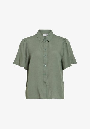 Blouse à manches courtes avec boutons, de couleur verte douce, dotée d'un col pointu et de manches légèrement bouffantes.