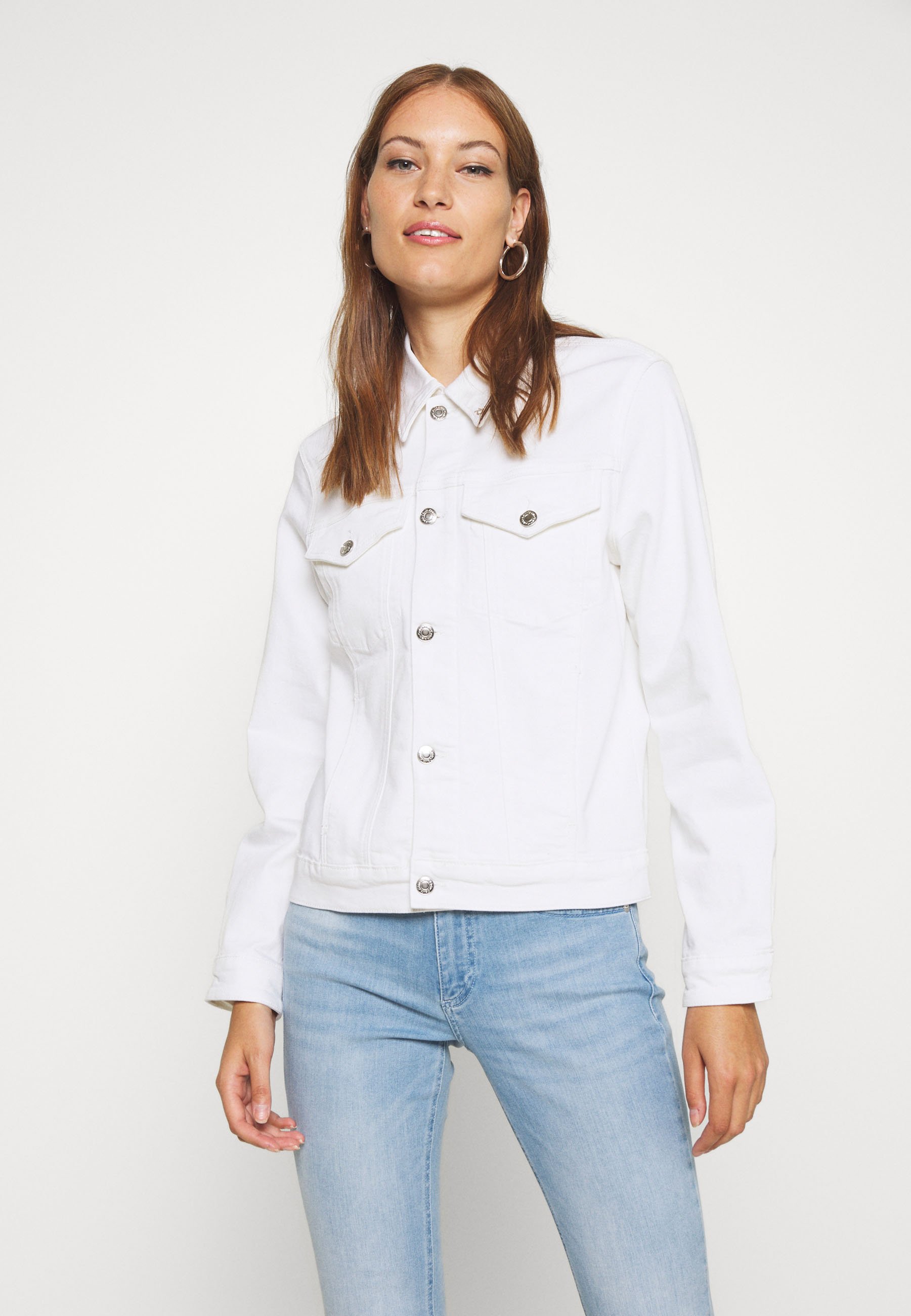 all white with denim jacket