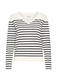 Pull rayé crème et marine, avec col en V, manches longues et ourlet côtelé. Confectionné en maille douce.