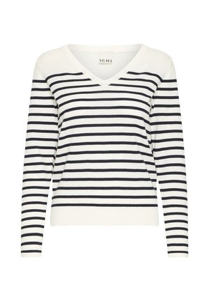 Pruhovaný sveter v krémovej a námorníckej modrej farbe s výstrihom do V, dlhými rukávmi a rebrovaným lemom. Vyrobený z mäkkej pletenej látky.