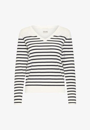 Gestreifter Pullover in Creme und Marineblau, mit V-Ausschnitt, langen Ärmeln und geripptem Saum. Hergestellt aus weichem Strickmaterial.