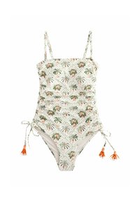Maillot de bain une pièce avec une base blanche ornée de motifs de palmiers et de fleurs verts, des attaches sur les côtés réglables et des accents de franges orange.
