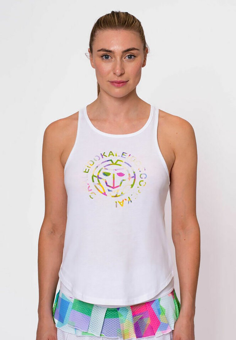 Witte mouwloze tanktop met een meerkleurig grafisch logo ontwerp in het midden. Zachte stof met een relaxte pasvorm en een afgeronde zoom.
