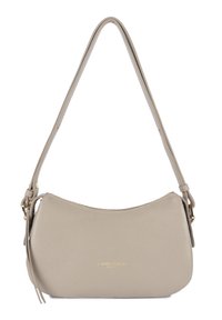 Sac à bandoulière en cuir beige avec fermeture éclair dorée et petit logo "Lancaster Paris" en or, doté d'une sangle réglable et d'un détail de gland sur le côté.