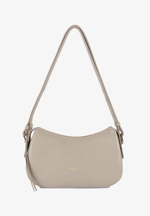 Sac à bandoulière en cuir beige avec fermeture éclair dorée et petit logo "Lancaster Paris" en or, doté d'une sangle réglable et d'un détail de gland sur le côté.