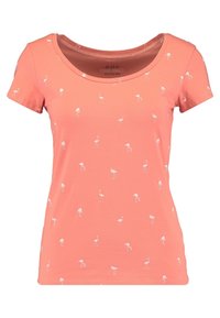 Korallfärgad T-shirt med korta ärmar, rundad halsringning, vit flamingomönster, tillverkad av mjukt tyg med en slät yta.