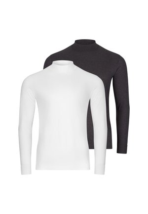 Zwei schlichte Langarm-Rollkragenpullover, einer vorne weiß und einer hinten dunkelgrau, auf weißem Hintergrund präsentiert.