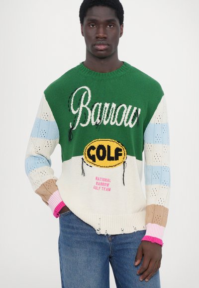Grøn, hvid, blå og brun strikket sweater med logoerne "Barrow" og "GOLF", der præsenterer farverige accenter og et struktureret design.